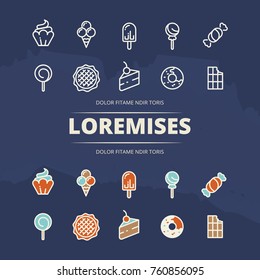 Sweet desserts thin line and colored icons set. Vector illustration