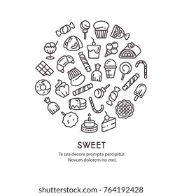 Sweet desserts thin line icons - candies round concept isolated. Vector illustration