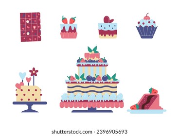 Sweet desserts, vector illustration isolated on white background. Various colored cakes, berry and fruit pies, chocolate and pastries. Set of different confectionery. Simple flat cartoon style