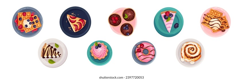 Postres dulces con Waffle, Pastel y quequito encima del vector Set