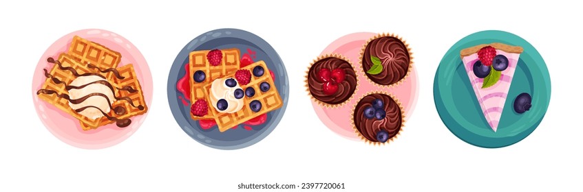 Sweet Desserts with Waffle, Cake and Cupcake Above View Vector Set