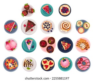 Sweet Desserts with Waffle, Cake, Donut, Cupcake and Bun Big Vector Set