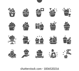 Dulces pasteles diferentes. Muffin. Comida de fiesta, postre de cumpleaños. Pastel de panadería. Menú para el restaurante y la cafetería. Iconos sólidos vectoriales. Pictograma simple