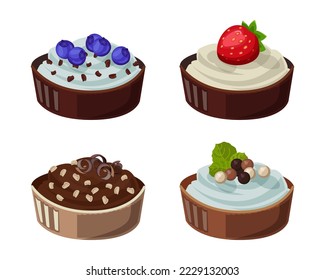 Sweet with different flavors vector illustrations set. Cartoon drawings of cartoon candies with cream and berry toppings isolated on white background. Desserts, food, confectionary concept