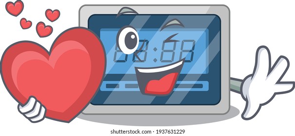 Un estilo de personaje de caricatura digital con temporizador dulce sosteniendo un gran corazón