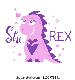 Sweet dinosaur. Hand drawing illustration with girl dino Rex. Pink color.  For print, baby clothes, t shirt, child or wrapping  paper. Creative girlish original design 