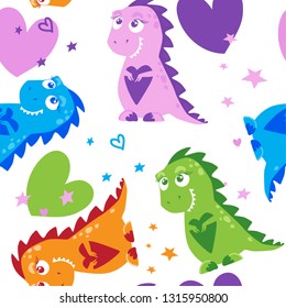 
Sweet dinosaur pattern. Girl dinosaur Cute print with dino for girls. pattern for textiles, prints, , baby clothes, t shirt, child or wrapping  paper. Creative girlish original design 