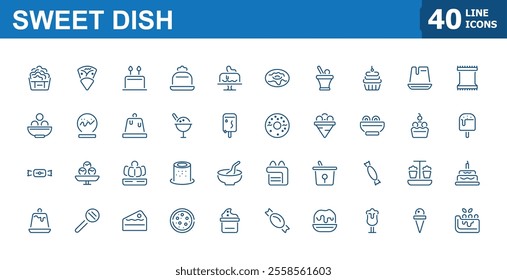 Sweet Dish line web icon set. Biscuit, confectionery, food, bakery, cakes, bread and more symbol. Minimalistic web and UI icons. Vector outline icons collection.