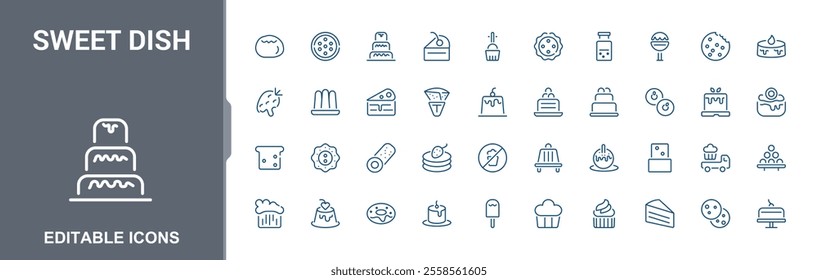 Sweet Dish line web icon set. Biscuit, confectionery, food, bakery, cakes, bread and more symbol. Minimalistic web and UI icons. Vector outline icons collection.