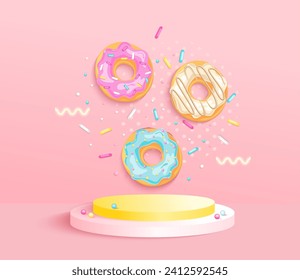 Sweet display podium with donuts for sweets promotion.Round pedestal for advertise kids products or cosmetic. Template for promo poster,banner,presentations, web. Vector illustration