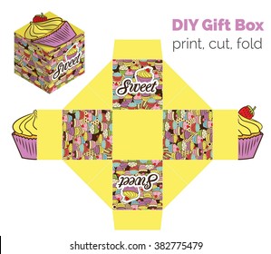 Sweet Do It Yourself DIY cupcake packaging for deserts, candies, small gifts, toys. Printable color scheme. Print it on thick paper, cut out, fold according to the lines.