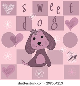 sweet dog with flowers and hearts vector illustration