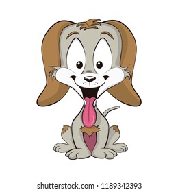 Sweet dog puppy sitting and sticking tongue out. Cartoon style. White isolated.