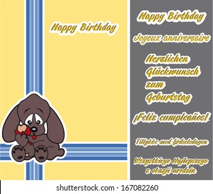 Sweet dogs that offer a little gift. Birthday greeting card  text: happy birthday in different languages ??(English, Polish, Spanish, French, Danish)