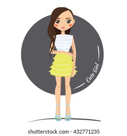 Sweet Doll Girl with long hair. Beautiful girl doll in a striped blouse, short skirt and lush mint-colored sandals with high heels. Her big eyes the color of coffee.
