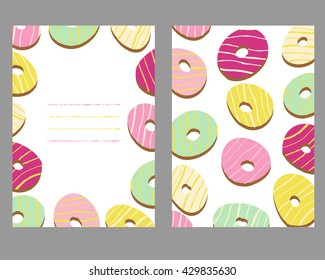 Sweet donut background with copy space area. Two side card. Doughnut pattern. Colorful texture. Grunge background. Illustration. Dessert postcard. Unhealthy but delicious.