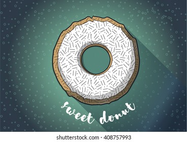 sweet donut. blue background. striped donut. 
Donut in white glaze