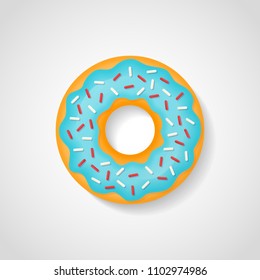 Sweet donut with blue glaze isolated on white background. Vector illustration.
