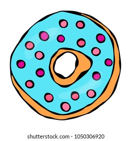 Sweet Donut with Blue Sugar Glaze and Pink Round Confetti Topping. Pastry Shop, Confectionery Design. Round Doughnut with Holes. Best Dessert. Realistic Hand Drawn Illustration. Savoyar Doodle Style.