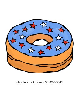 Sweet Donut with Blue Sugar Glaze and American Flag Stars Topping. Pastry Shop, Confectionery Design. Round Doughnut with Holes. Best Dessert. Realistic Hand Drawn Illustration. Savoyar Doodle Style.