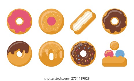 Coleção de vetor de donut e pão doce com centro preenchido, vara de esmalte, esmalte de chocolate, anel de polvilho, pacote de ícones de sobremesa de padaria