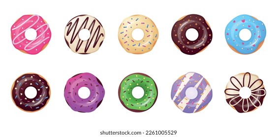 Sweet donut, candy chocolate vanilla and berry food with topping. Round gift dessert, breakfast decoration, present snack. Colorful 3d isolated elements. Vector realistic recent illustration