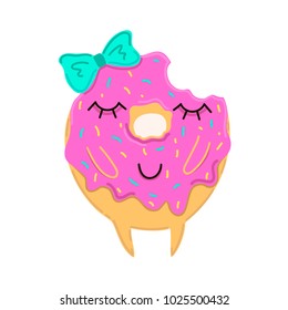Sweet donut card with pink glaze and many decorative sprinkles. Donut on a white background. Design for child card, sticker, menu, phone case, poster, t-shirt, mug etc.