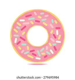 Sweet  donut card with pink glaze and many decorative sprinkles. Can be used as card or t-shirt print or for label, menu