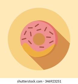 Sweet donut card with pink glaze and many decorative sprinkles. Can be used as card or t-shirt print or for label, menu