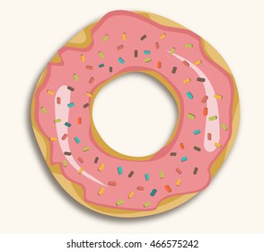 Sweet donut card with pink glaze and and many decorative sprinkles. . Modern flat design.