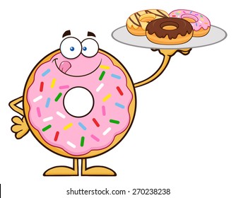 Sweet Donut Cartoon Character Serving Donuts. Vector Illustration Isolated On White