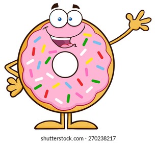 Sweet Donut Cartoon Character With Sprinkles Waving. Vector Illustration Isolated On White