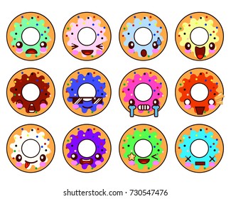 Sweet donut character kawaii with glaze set of emoji facial expressions and activities. Donut emoticon. Funny food stickers, vector cartoon illustration.