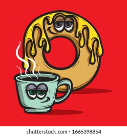 Sweet donut with cheese and hot coffee character. Food vector illustration isolated on red background. 