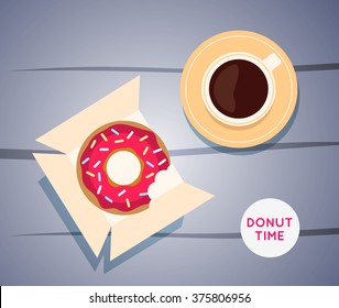 Sweet donut with coffee. Donut on table.