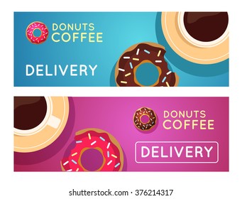 Sweet donut with coffee. Donut on table. Dinner on a donut at the coffee shop. Colored donuts with espresso. Donut coffee vector.