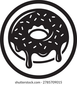 Sweet donut with dripping chocolate icing and colorful sprinkles inside a circular frame logo style design.