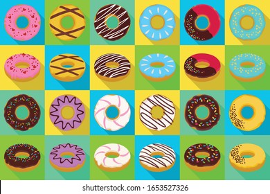 Sweet donut flat vector set icon. Isolated icon chocolate and cream doughnut.Vector illustration donut of sprinkles dessert on white background .