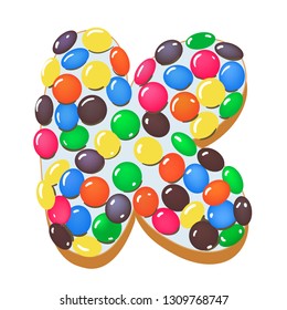 Sweet donut font vector. Letter K. Cartoon vector illustration. Hand drawn font with sweet bun. Actual Creative art bake alphabet