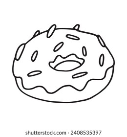 Sweet donut food with candy topping hand drawn outline illustration. Pen drawing doughnut cute and simple trash cartoonish art. Sweet pastry product logo. Simple bakery fast food funny snack clipart