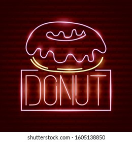 sweet donut food neon light label vector illustration design