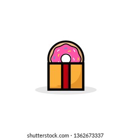 Sweet donut gift, donut with pink glaze isolated on white background. Vector illustration in a cartoon style. Logo for cafes, restaurants, coffee shops, party. - Vector