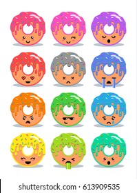 Sweet donut with glaze set of emoji facial expressions and activities. Donut emoticon. Funny food stickers,  vector cartoon illustration.
