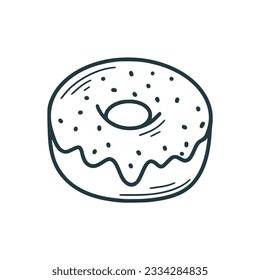 Sweet donut hand drawn clip art. Delicious pastries in glaze with sprinkles doodle style illustration. Takeaway food, bun icon. Cute round pastry, isolated vector