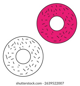 Sweet donut icon. Pink frosted shape. Vector snack circle. Sprinkles topping ring.