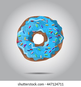 Sweet donut illustratio with blue glaze and many decorative sprinkles. Can be used as card or t-shirt print or for label, menu. EPS