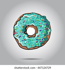 Sweet donut illustratio with blue glaze and many decorative sprinkles. Can be used as card or t-shirt print or for label, menu. EPS