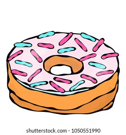 Sweet Donut with Ligth Pink Sugar Glaze and Confetti Topping. Pastry Shop, Confectionery Design. Round Doughnut with Holes. Best Dessert. Realistic Hand Drawn Illustration. Savoyar Doodle Style.