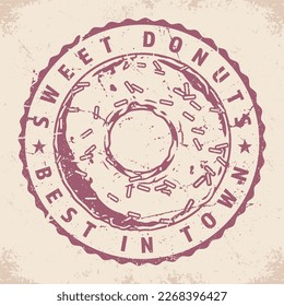 Sweet donut monochrome vintage emblem with round bun covered with icing to decorate cafeteria interior vector illustration