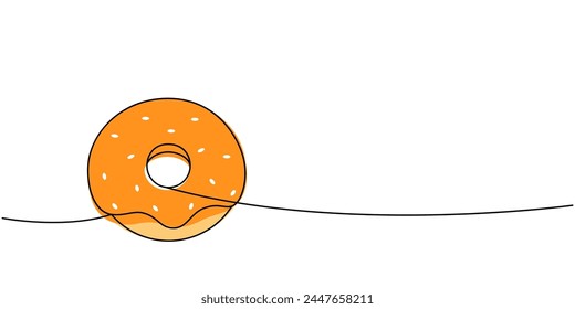 Sweet donut one line colored continuous drawing. Bakery sweet pastry food. Vector linear illustration.